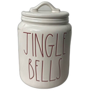 Rae Dunn MEDIUM JINGLE BELLS Lidded Canister White w/Red Letter Ceramic 8"x5"